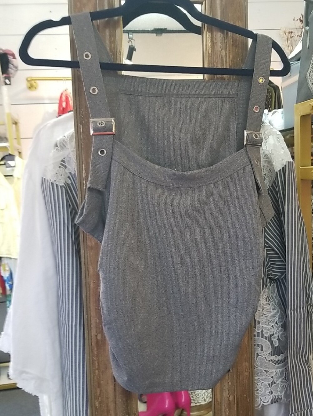 Gray Ribbed Square-Neck Women's Tank Top - Picture 5 of 5